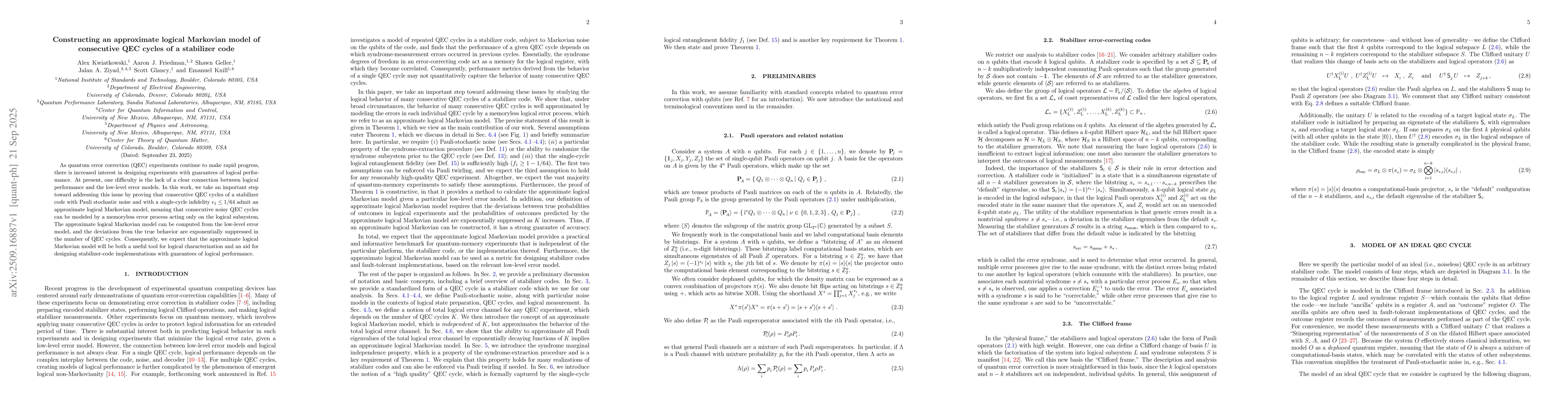 Thumbnail for Constructing an approximate logical Markovian model of consecutive QEC
  cycles of a stabilizer code