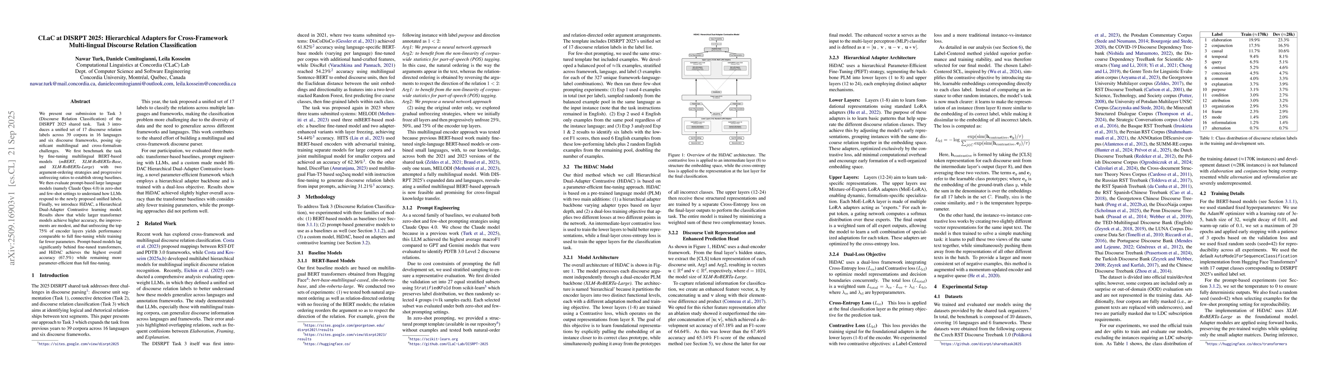 Thumbnail for CLaC at DISRPT 2025: Hierarchical Adapters for Cross-Framework
  Multi-lingual Discourse Relation Classification