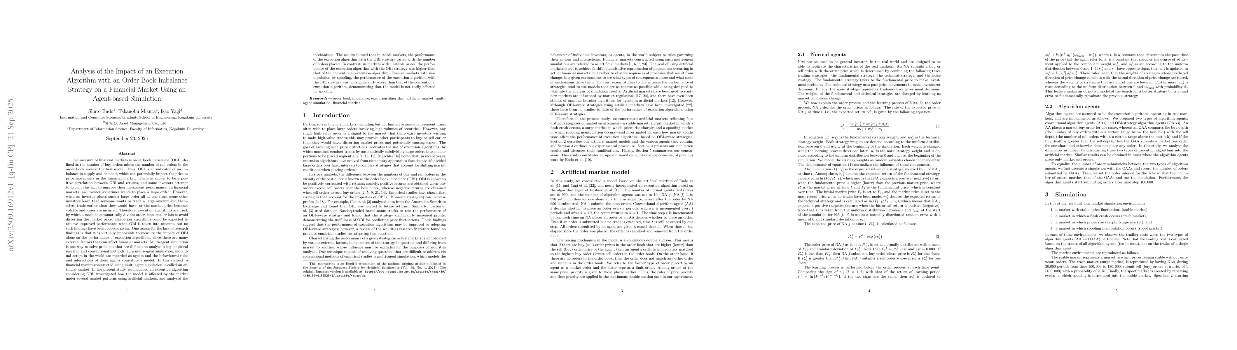 Thumbnail for Analysis of the Impact of an Execution Algorithm with an Order Book
  Imbalance Strategy on a Financial Market Using an Agent-based Simulation