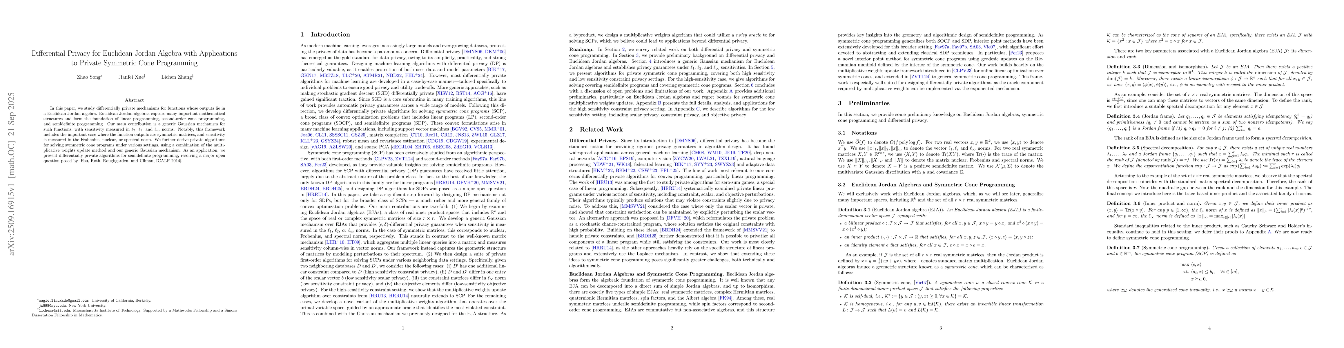 Thumbnail for Differential Privacy for Euclidean Jordan Algebra with Applications to
  Private Symmetric Cone Programming