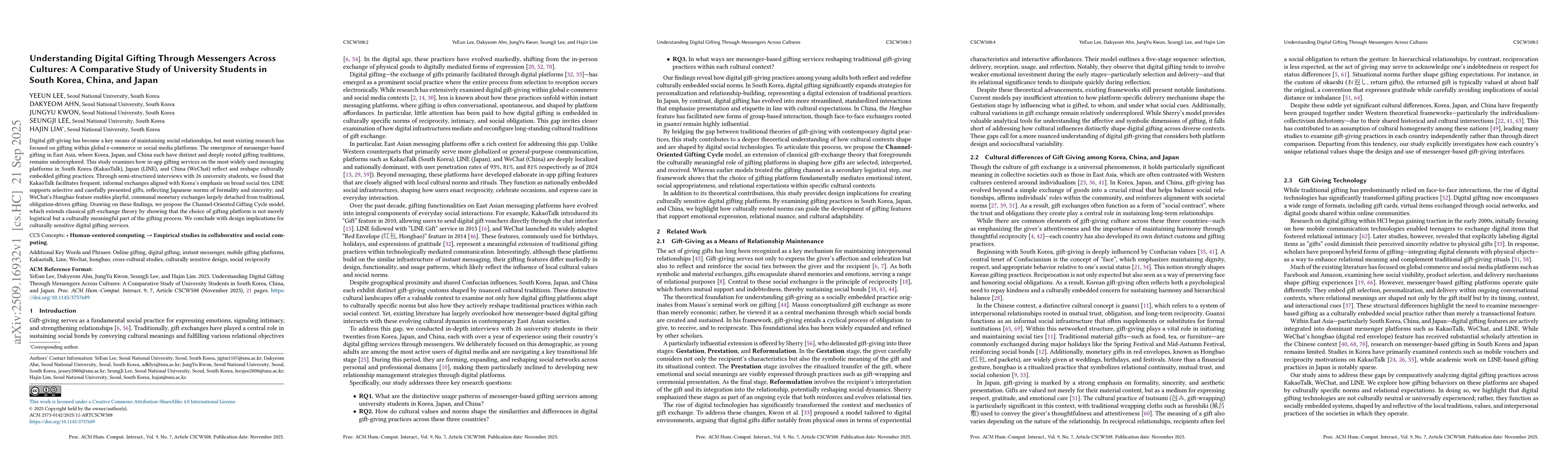 Thumbnail for Understanding Digital Gifting Through Messengers Across Cultures: A
  Comparative Study of University Students in South Korea, China, and Japan