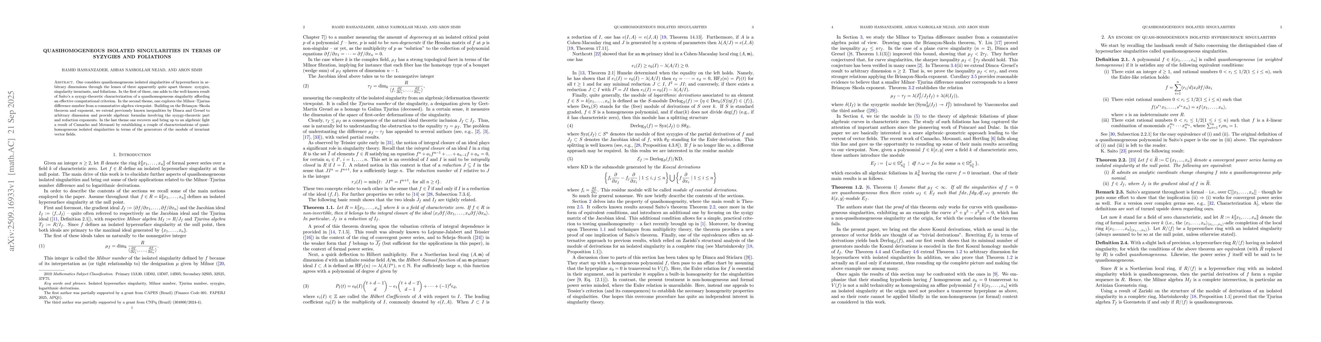 Thumbnail for Quasihomogeneous isolated singularities in terms of syzygies and
  foliations