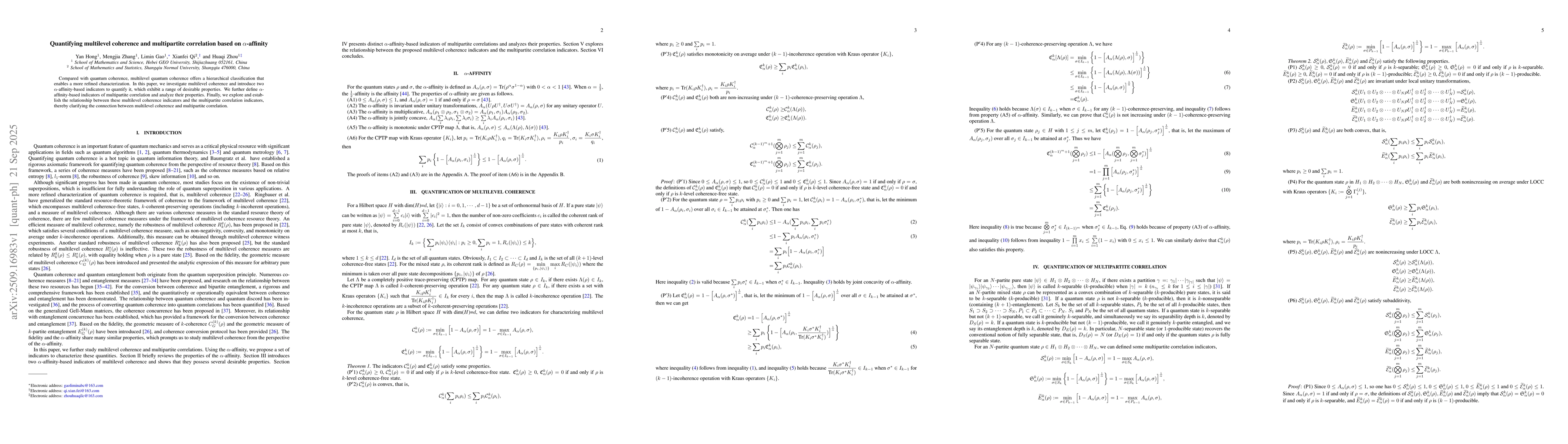 Thumbnail for Quantifying multilevel coherence and multipartite correlation based on
  $α$-affinity