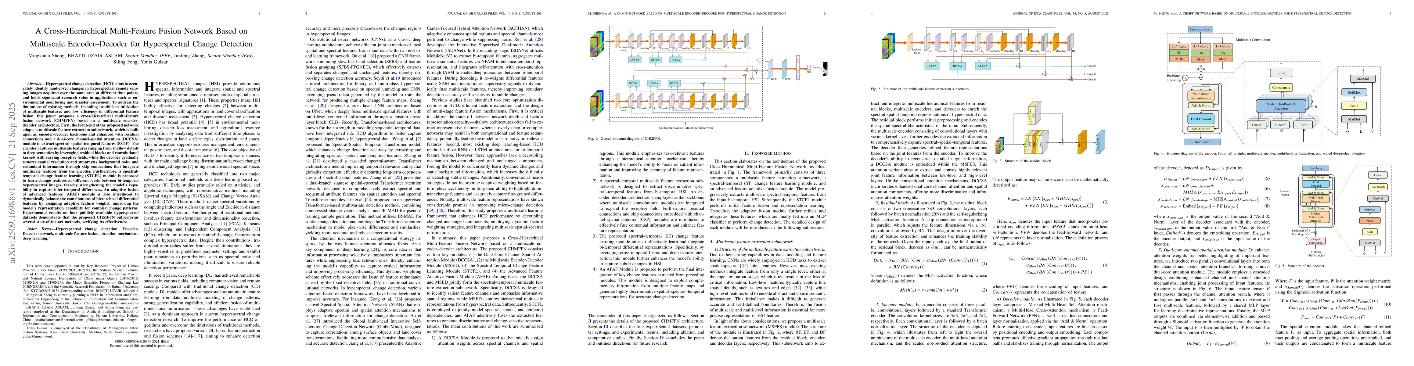 Thumbnail for A Cross-Hierarchical Multi-Feature Fusion Network Based on Multiscale
  Encoder-Decoder for Hyperspectral Change Detection
