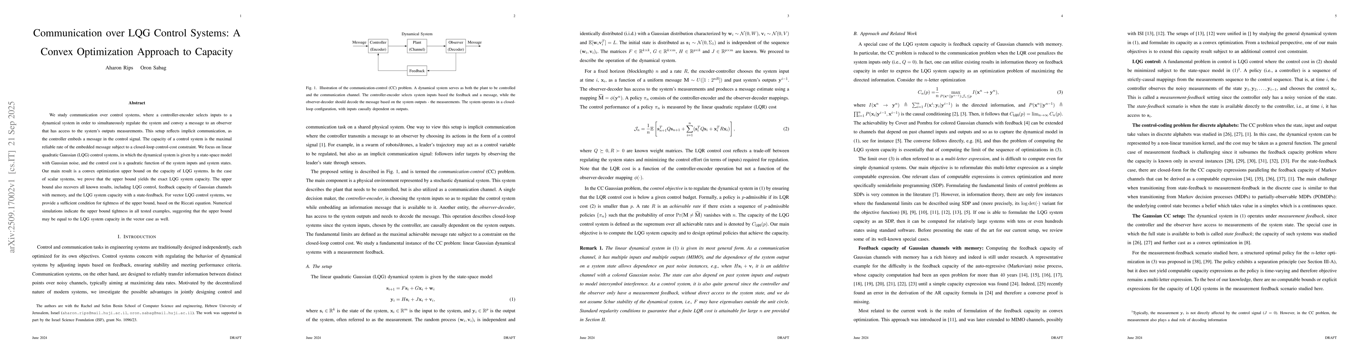Thumbnail for Communication over LQG Control Systems: A Convex Optimization Approach
  to Capacity