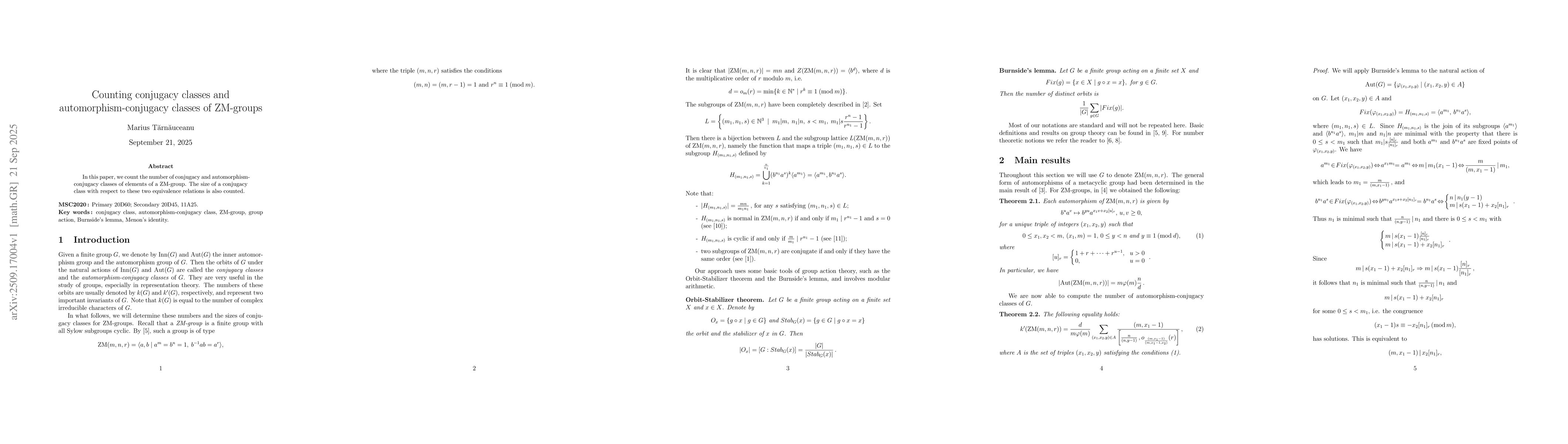 Thumbnail for Counting conjugacy classes and automorphism-conjugacy classes of
  ZM-groups