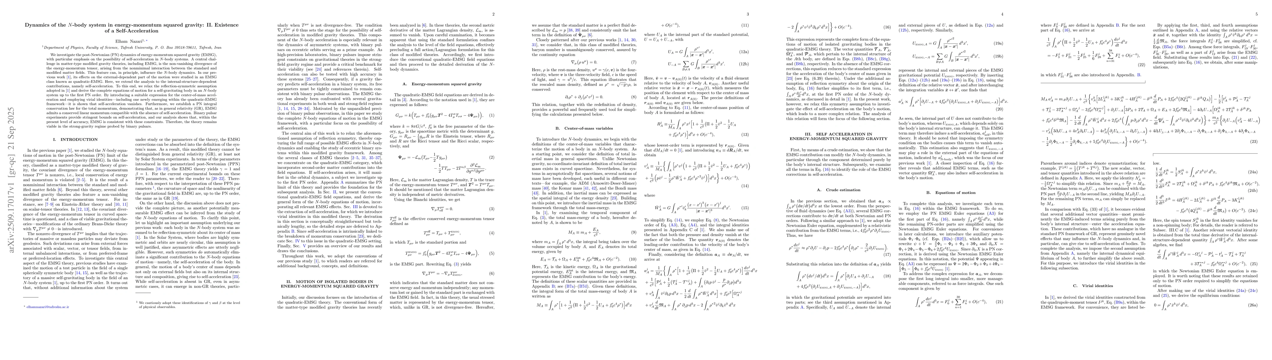 Thumbnail for Dynamics of the $N$-body system in energy-momentum squared gravity: II.
  Existence of a Self-Acceleration