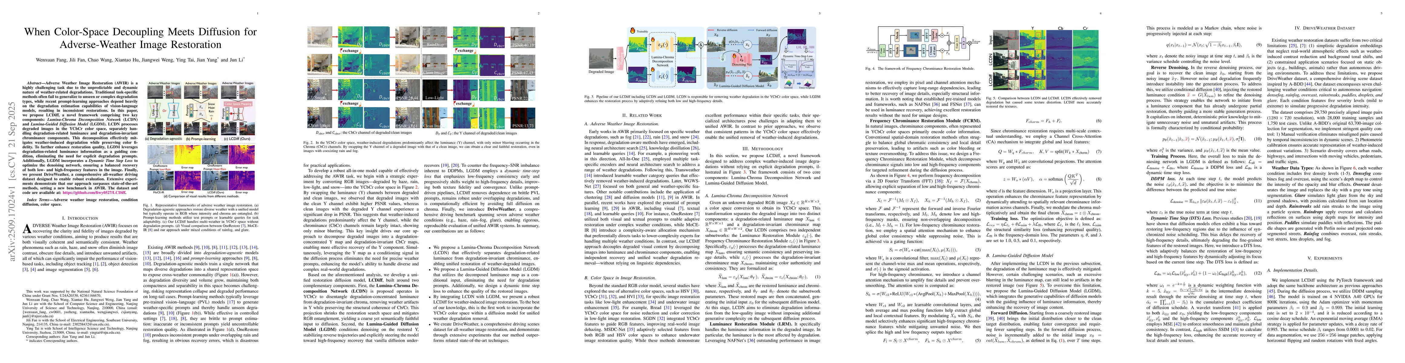 Thumbnail for When Color-Space Decoupling Meets Diffusion for Adverse-Weather Image
  Restoration