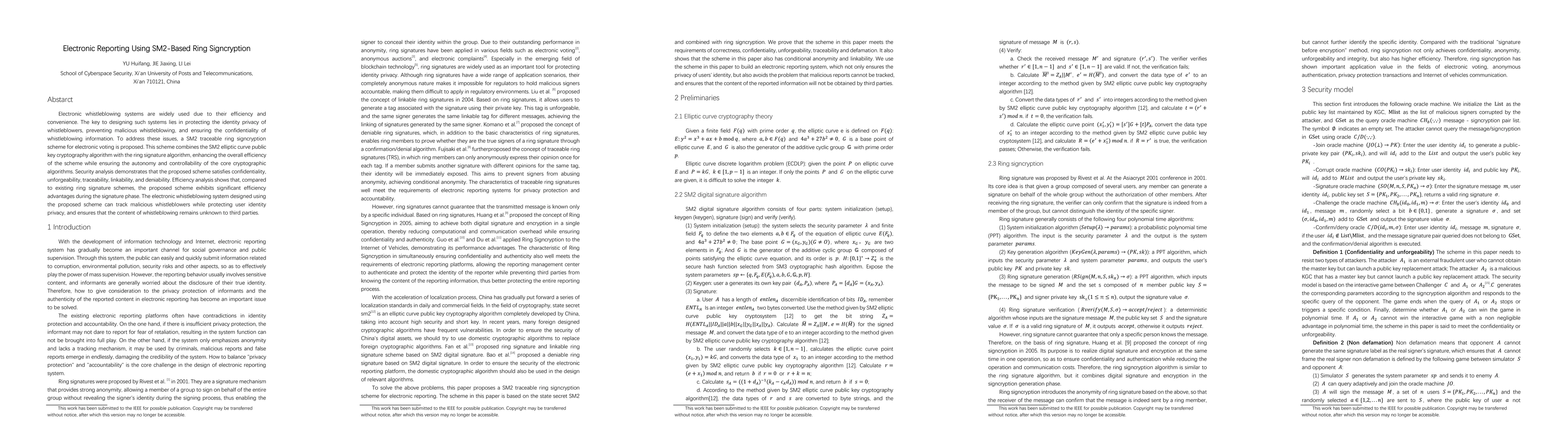 Thumbnail for Electronic Reporting Using SM2-Based Ring Signcryption