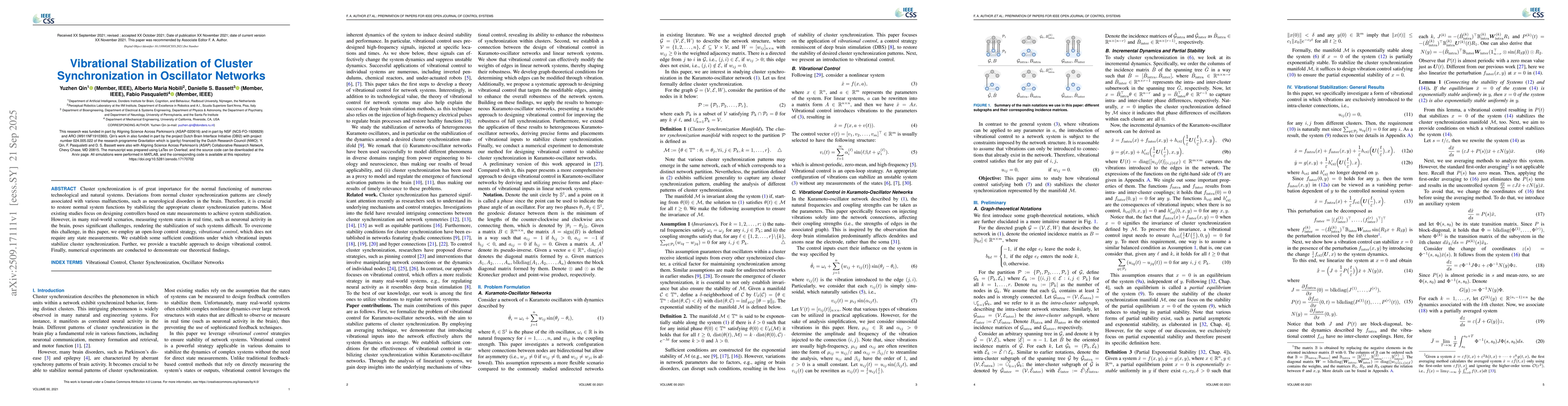 Thumbnail for Vibrational Stabilization of Cluster Synchronization in Oscillator
  Networks