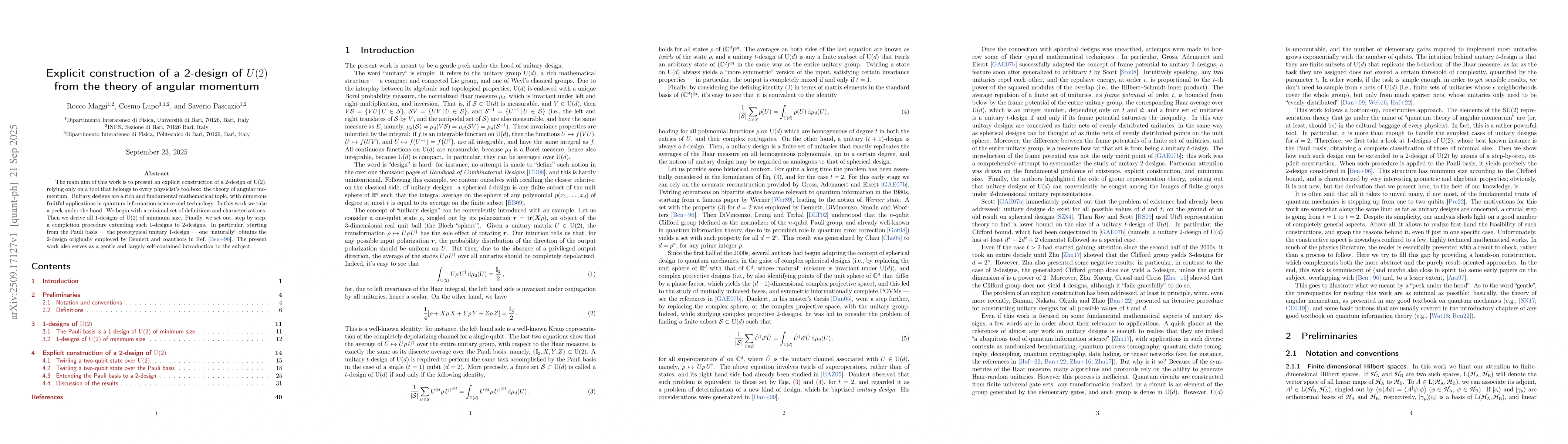 Thumbnail for Explicit construction of a 2-design of ${\rm U}(2)$ from the theory of
  angular momentum