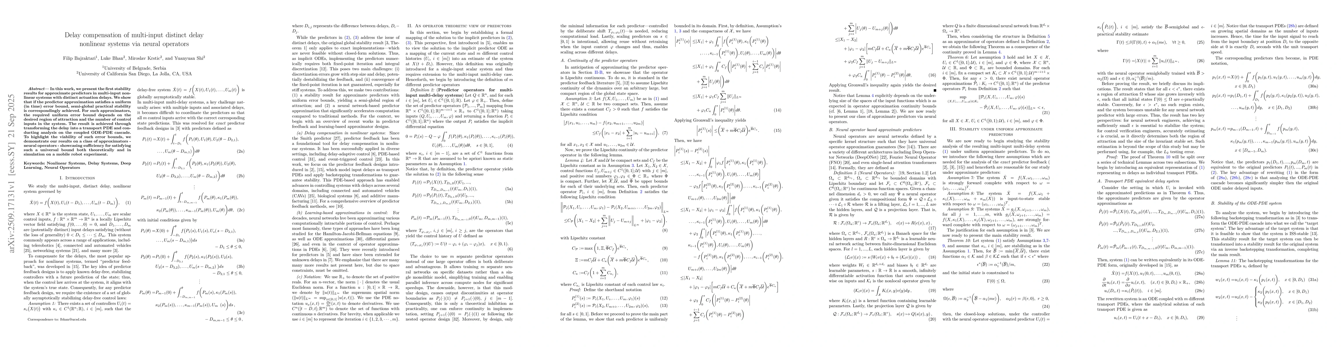 Thumbnail for Delay compensation of multi-input distinct delay nonlinear systems via
  neural operators