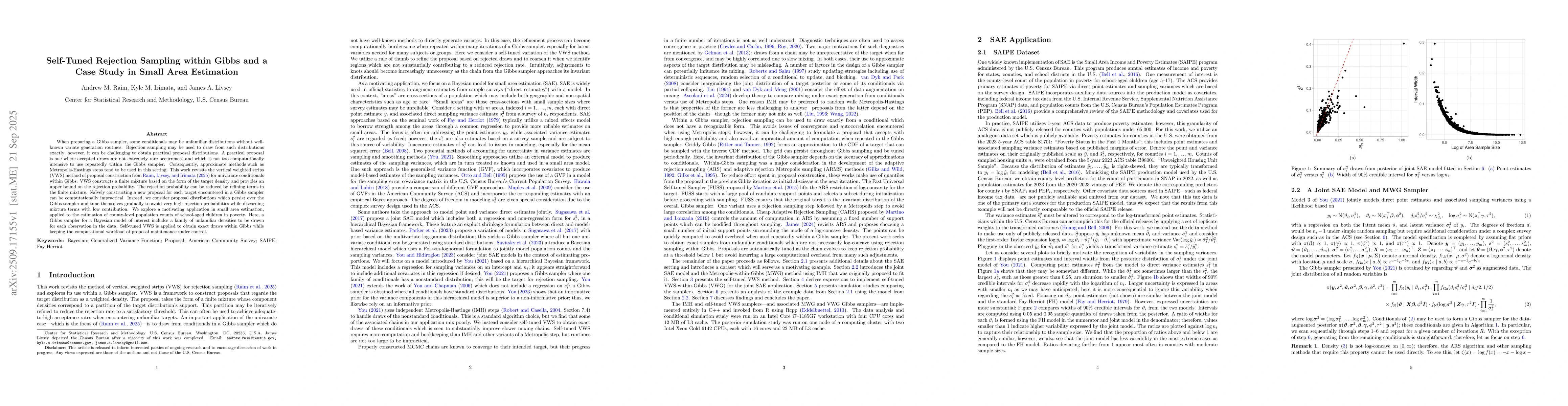 Thumbnail for Self-Tuned Rejection Sampling within Gibbs and a Case Study in Small
  Area Estimation