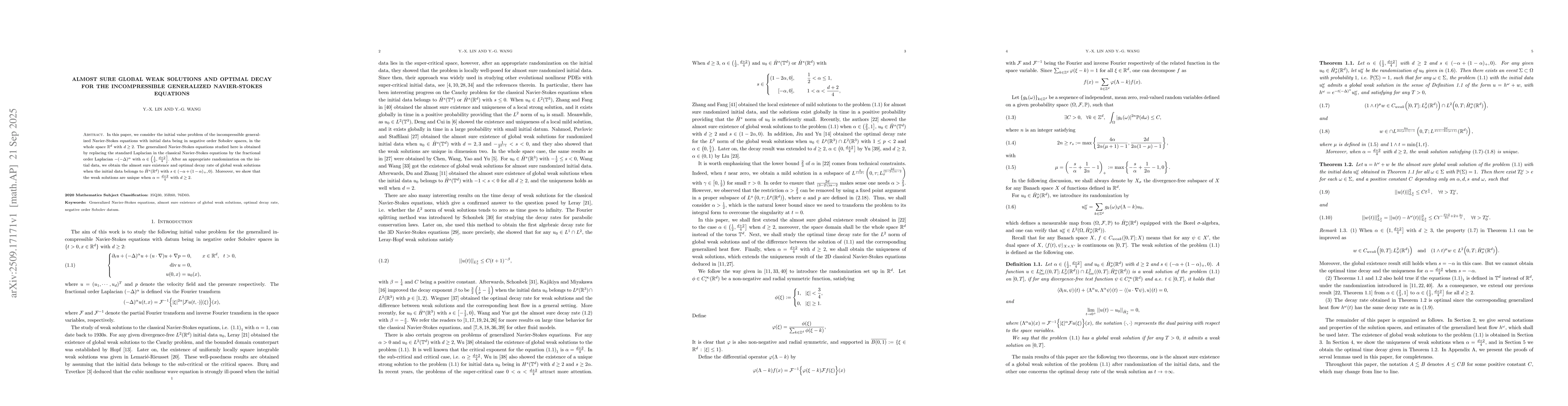 Thumbnail for Almost sure global weak solutions and optimal decay for the
  incompressible generalized Navier-Stokes equations