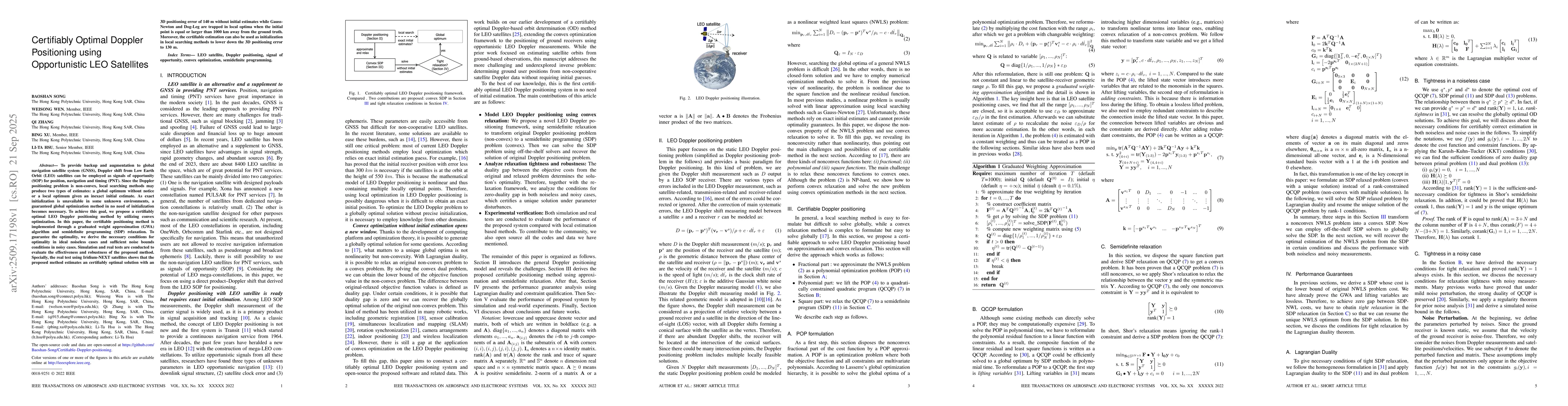 Thumbnail for Certifiably Optimal Doppler Positioning using Opportunistic LEO
  Satellites