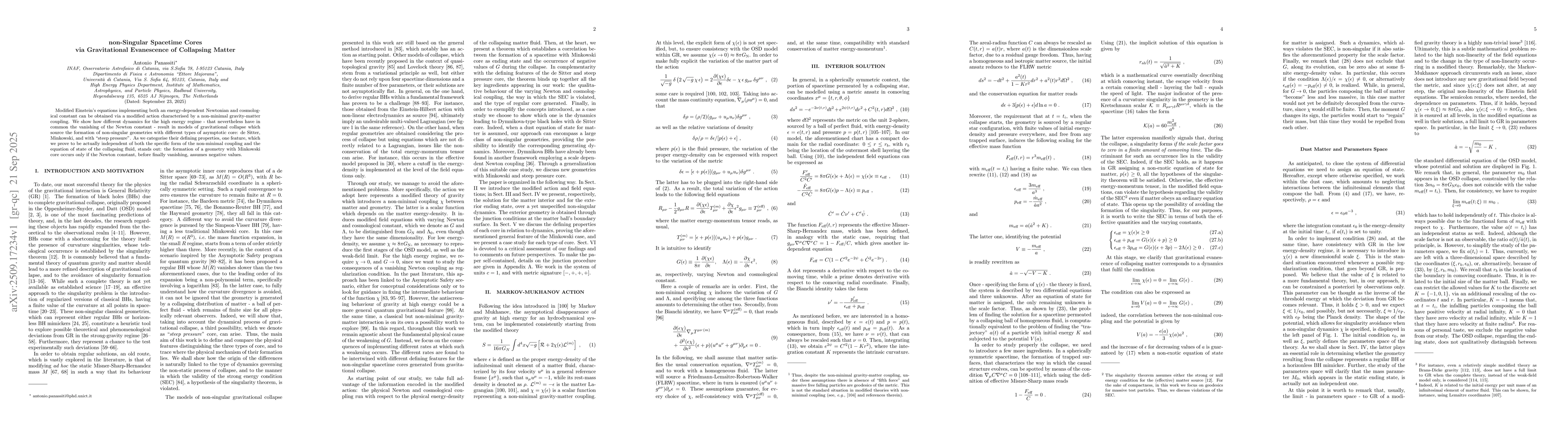 Thumbnail for non-Singular Spacetime Cores via Gravitational Evanescence of Collapsing
  Matter