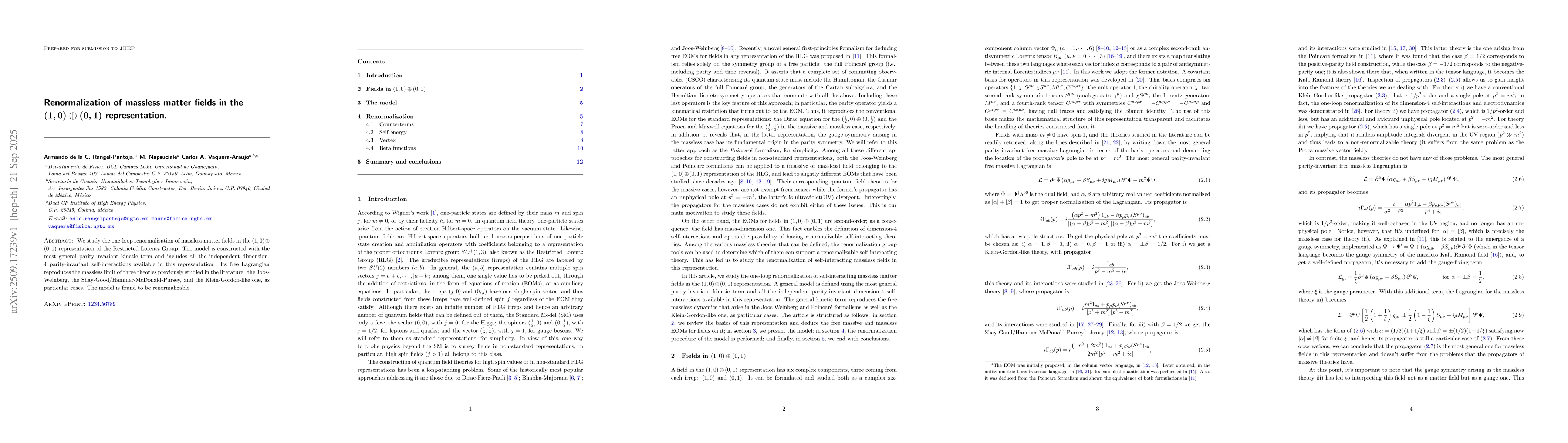 Thumbnail for Renormalization of massless matter fields in the $(1,0)\oplus(0,1)$
  representation