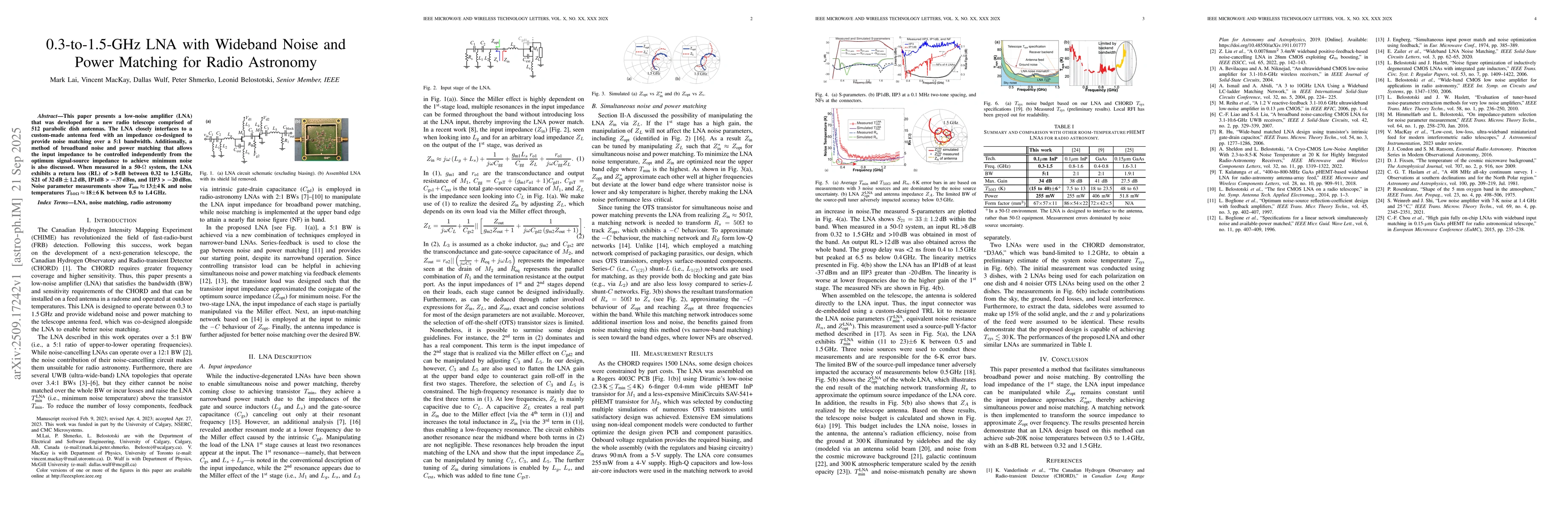 Thumbnail for 0.3-to-1.5-GHz LNA with Wideband Noise and Power Matching for Radio
  Astronomy