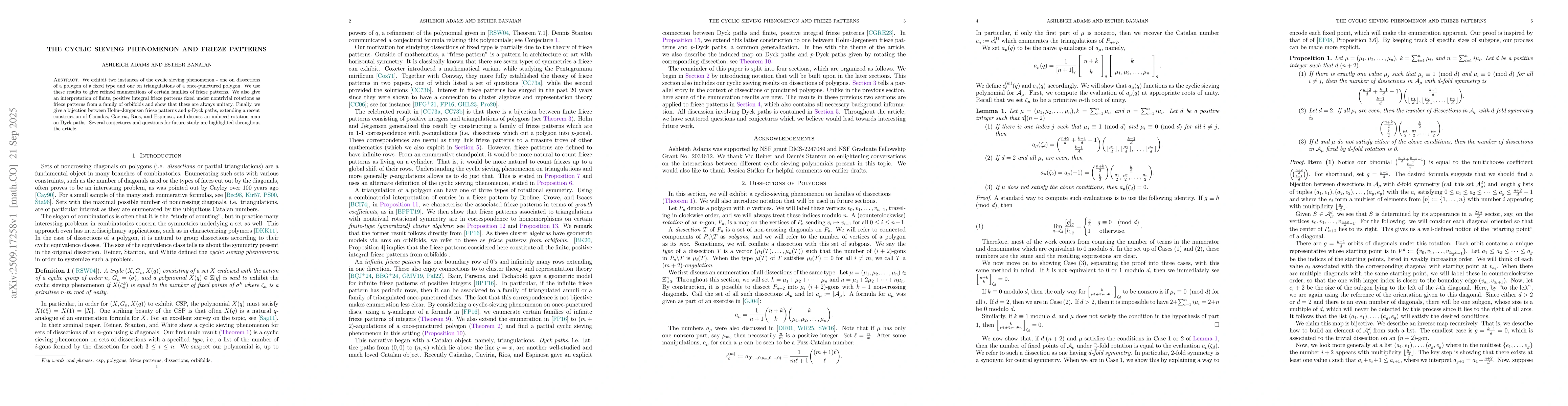 Thumbnail for The Cyclic Sieving Phenomenon and frieze patterns