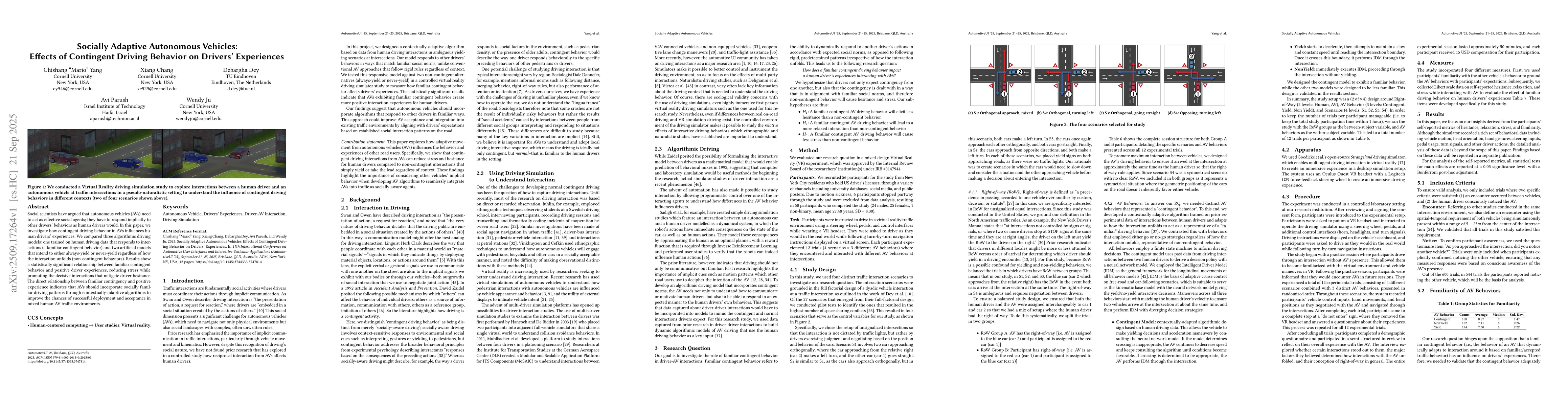 Thumbnail for Socially Adaptive Autonomous Vehicles: Effects of Contingent Driving
  Behavior on Drivers' Experiences
