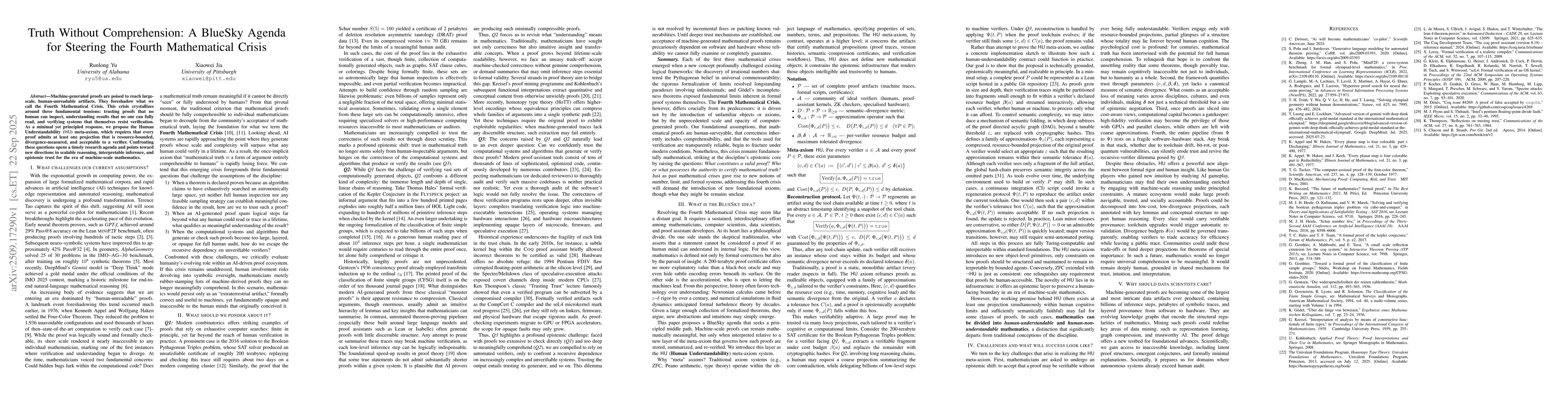 Thumbnail for Truth Without Comprehension: A BlueSky Agenda for Steering the Fourth
  Mathematical Crisis