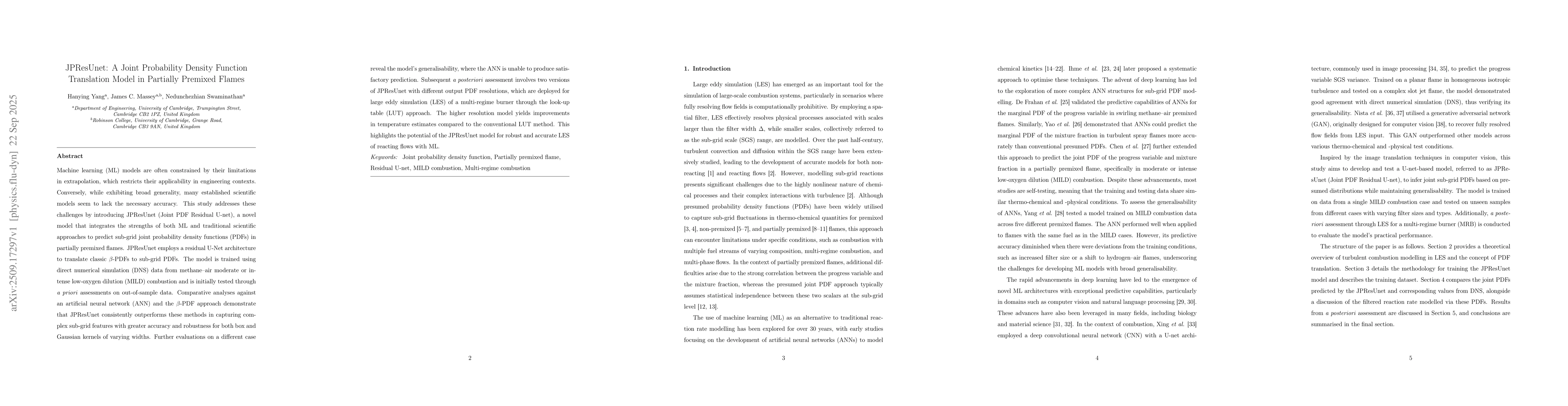 Thumbnail for JPResUnet: A Joint Probability Density Function Translation Model in
  Partially Premixed Flames
