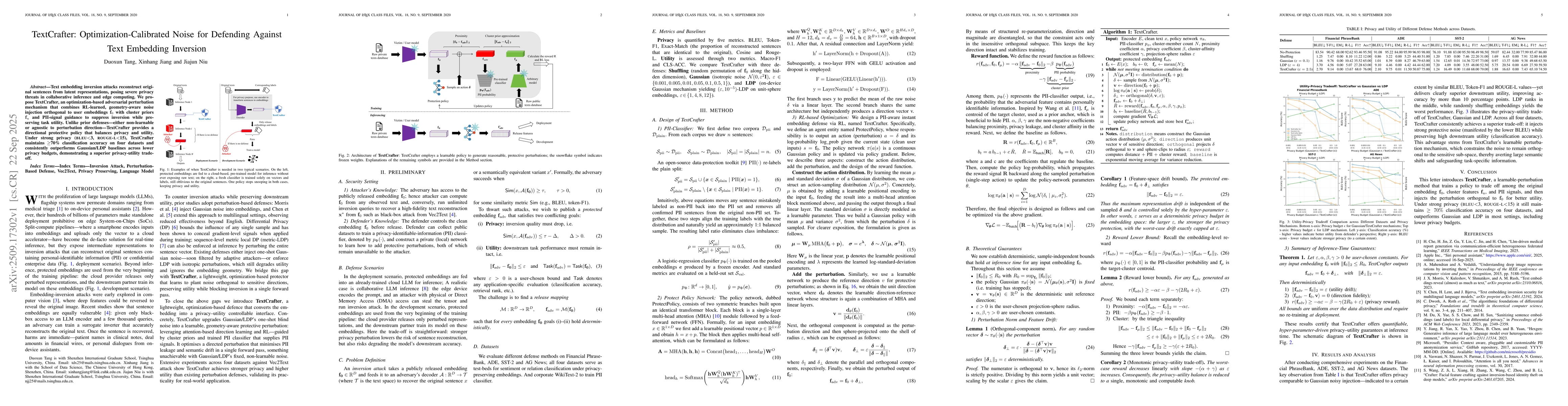 Thumbnail for TextCrafter: Optimization-Calibrated Noise for Defending Against Text
  Embedding Inversion