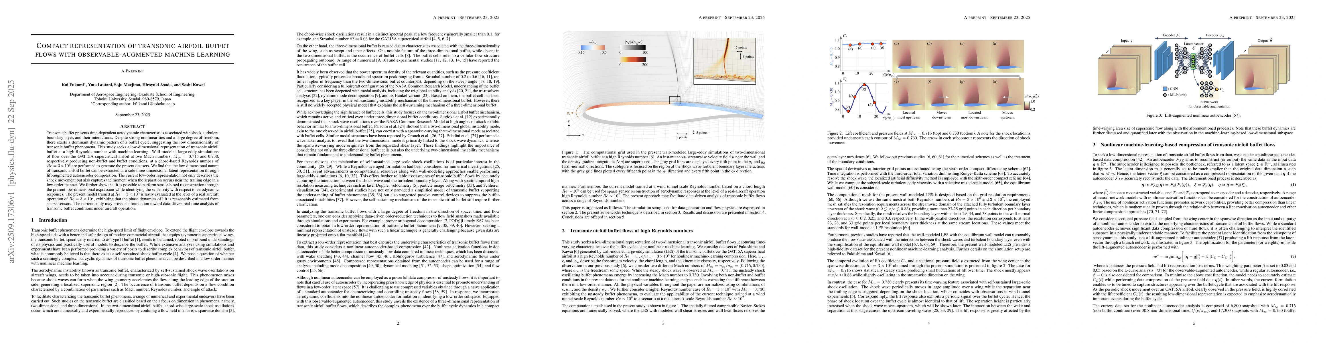 Thumbnail for Compact representation of transonic airfoil buffet flows with
  observable-augmented machine learning