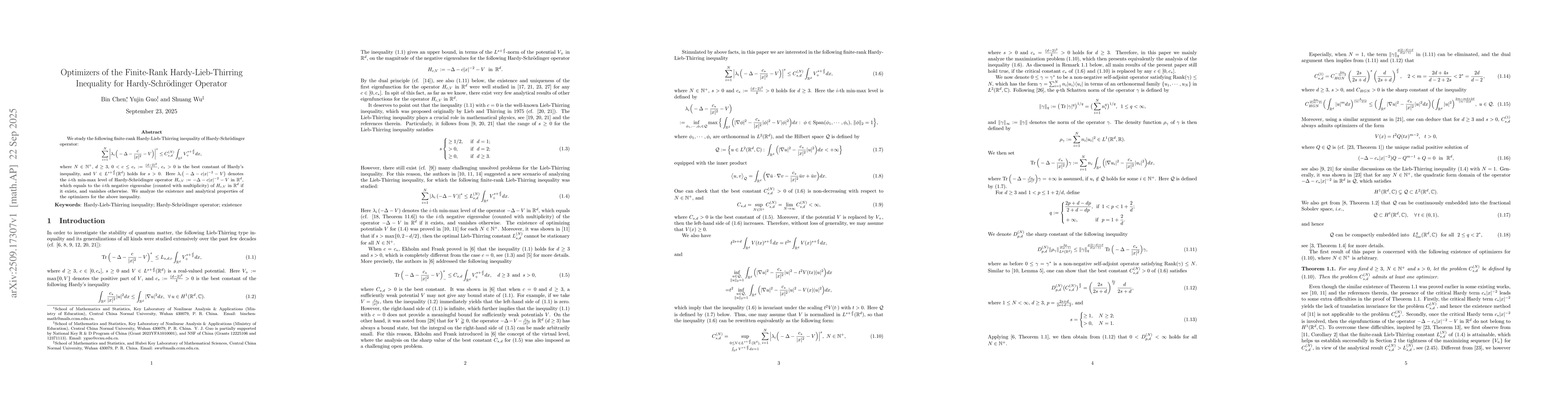 Thumbnail for Optimizers of the Finite-Rank Hardy-Lieb-Thirring Inequality for
  Hardy-Schrödinger Operator