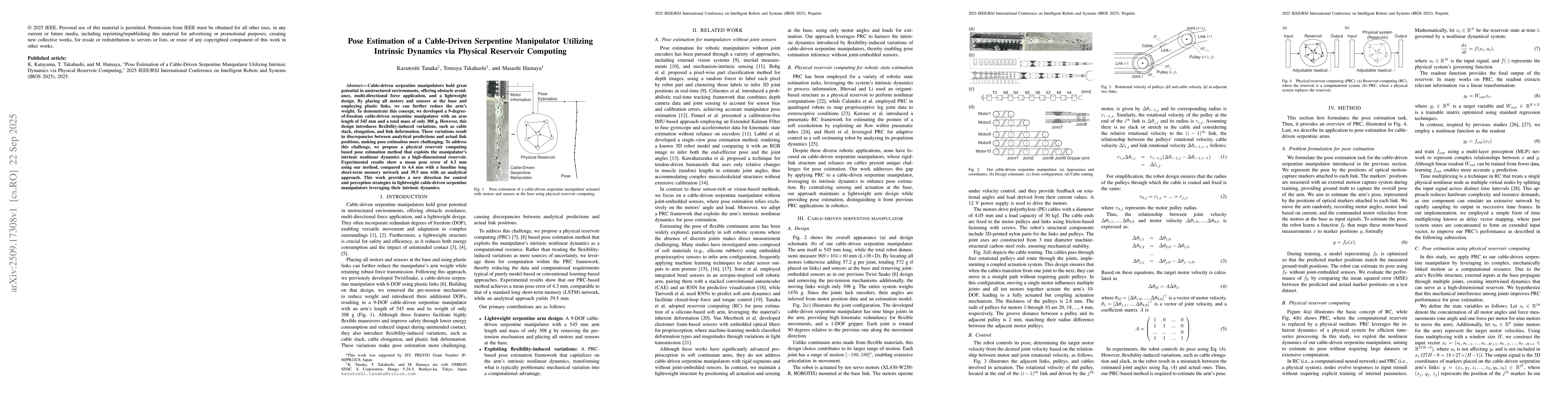 Thumbnail for Pose Estimation of a Cable-Driven Serpentine Manipulator Utilizing
  Intrinsic Dynamics via Physical Reservoir Computing