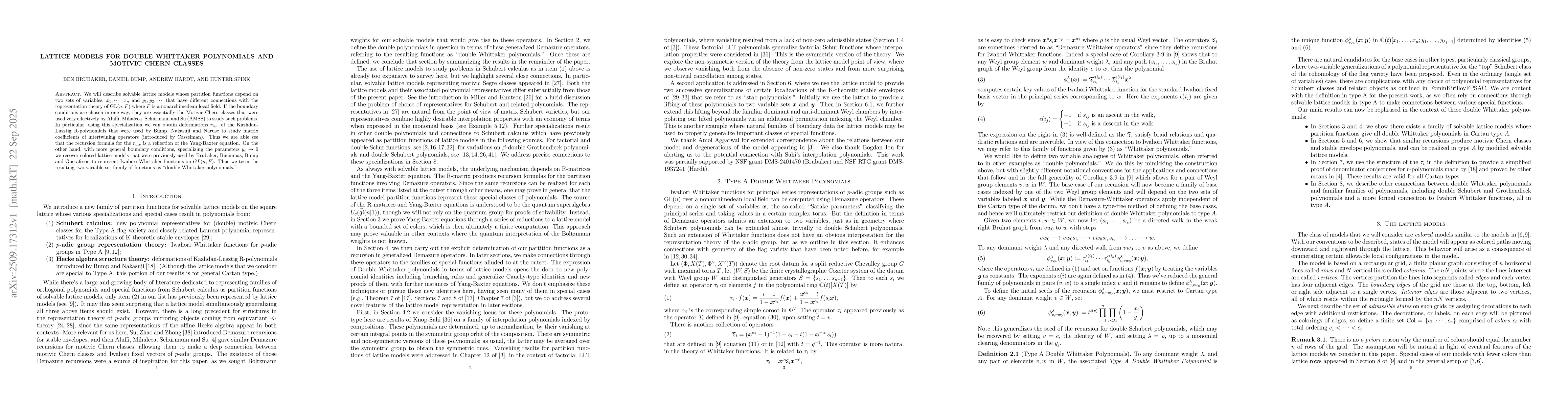 Thumbnail for Lattice Models for Double Whittaker Polynomials and Motivic Chern
  Classes