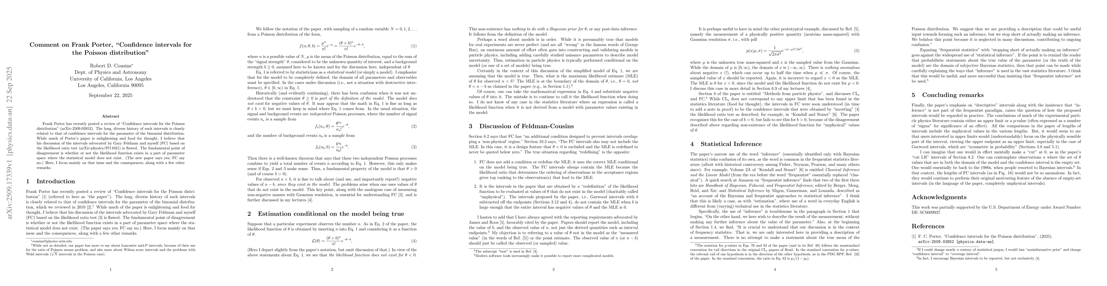 Thumbnail for Comment on Frank Porter, "Confidence intervals for the Poisson
  distribution"