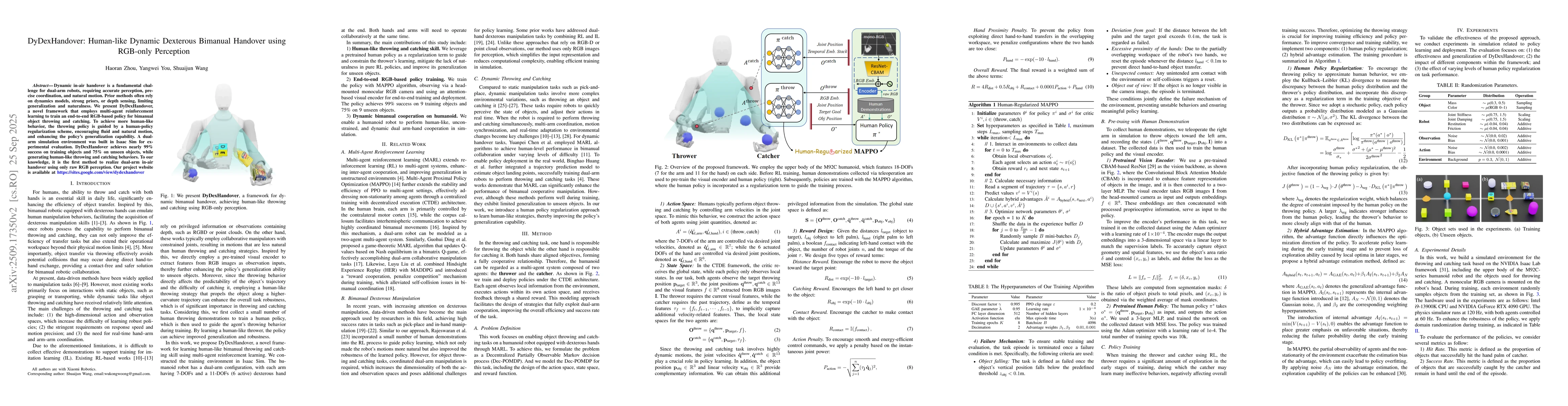 Thumbnail for DyDexHandover: Human-like Bimanual Dynamic Dexterous Handover using
  RGB-only Perception