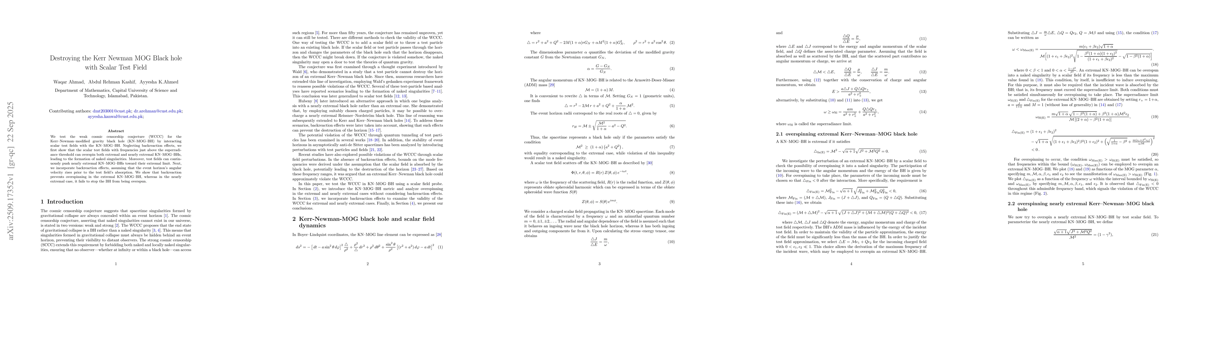 Thumbnail for Destroying the Kerr Newman MOG Black hole with Scalar Test Field