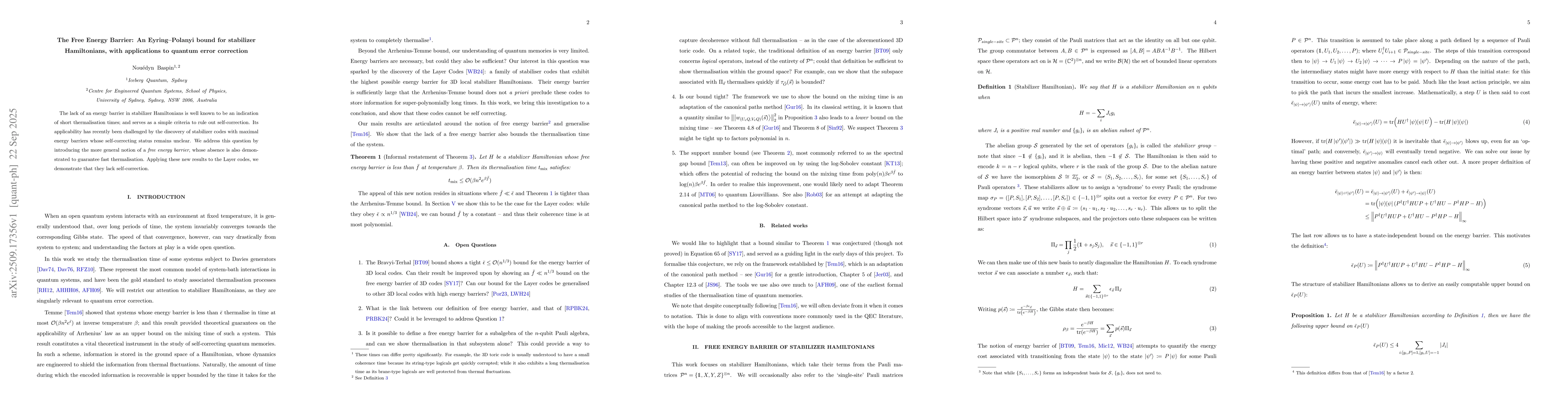 Thumbnail for The Free Energy Barrier: An Eyring-Polanyi bound for stabilizer
  Hamiltonians, with applications to quantum error correction