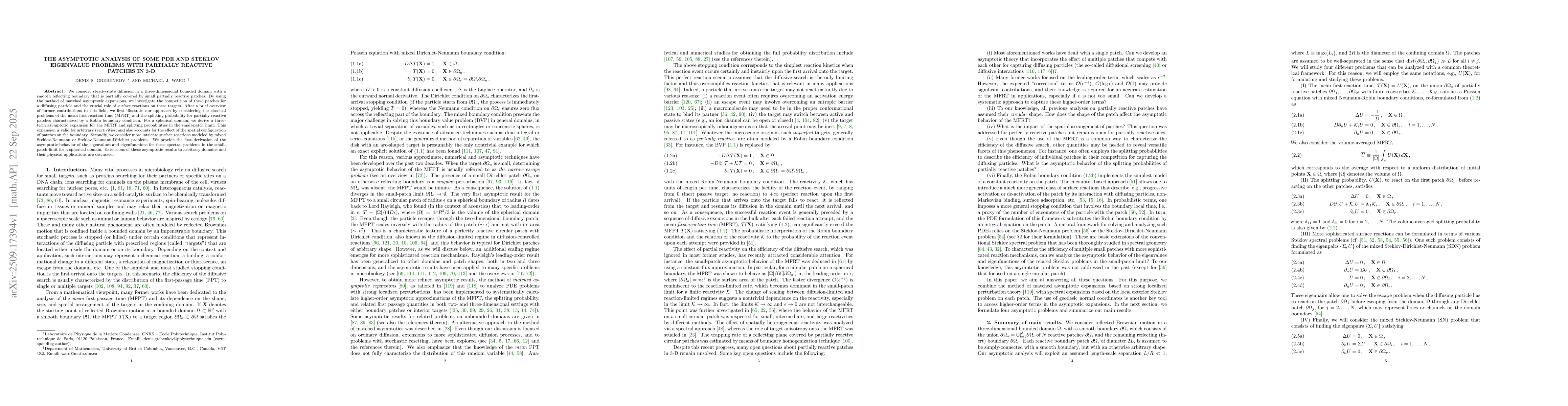 Thumbnail for The Asymptotic Analysis of Some PDE and Steklov Eigenvalue Problems with
  Partially Reactive Patches in 3-D