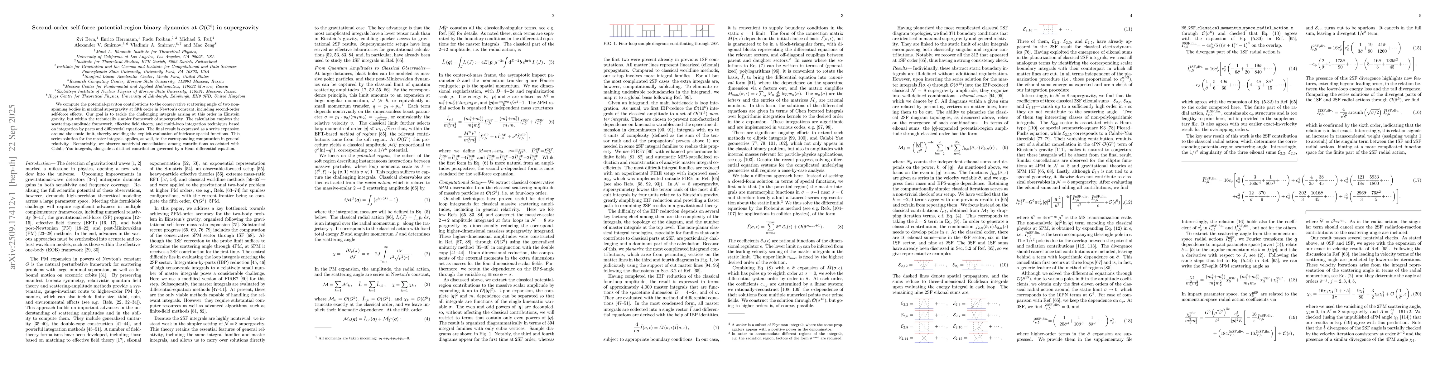 Thumbnail for Second-order self-force potential-region binary dynamics at $O(G^5)$ in
  supergravity
