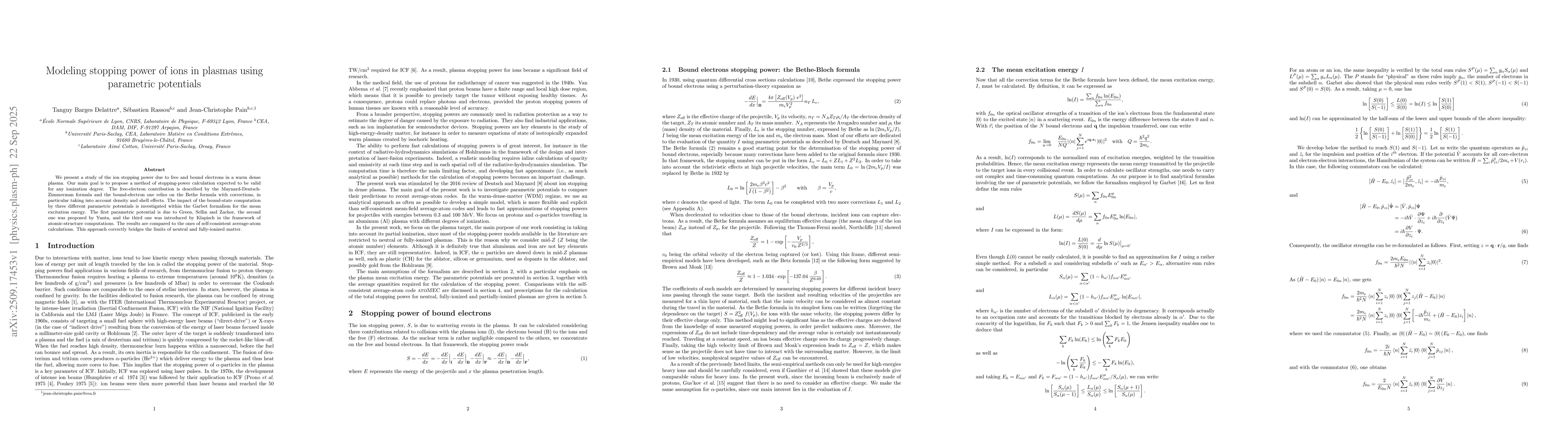 Thumbnail for Modeling stopping power of ions in plasmas using parametric potentials