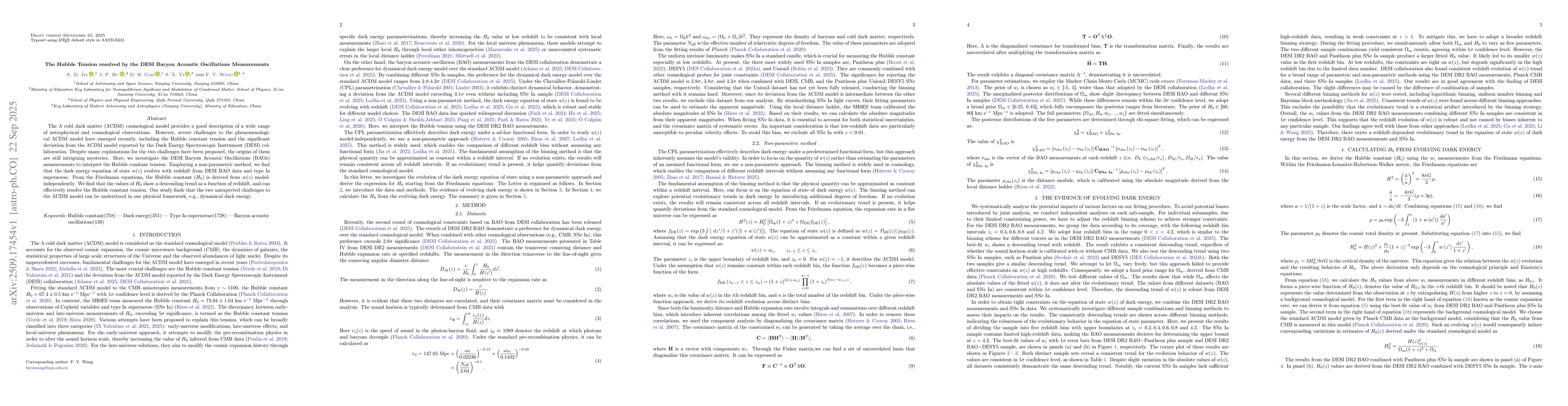 Thumbnail for The Hubble Tension resolved by the DESI Baryon Acoustic Oscillations
  Measurements