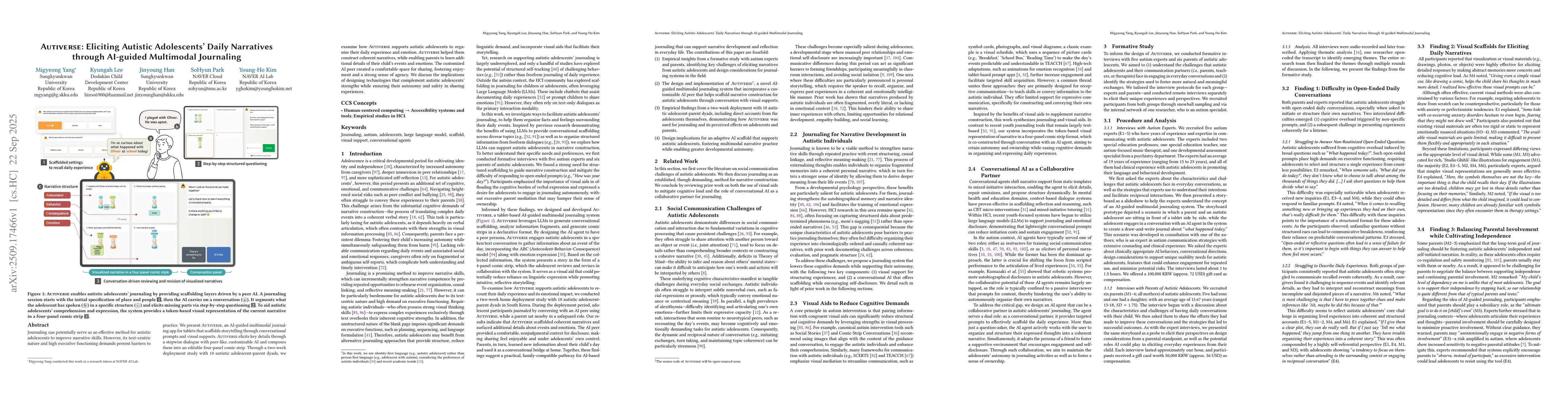 Thumbnail for Autiverse: Eliciting Autistic Adolescents' Daily Narratives through
  AI-guided Multimodal Journaling