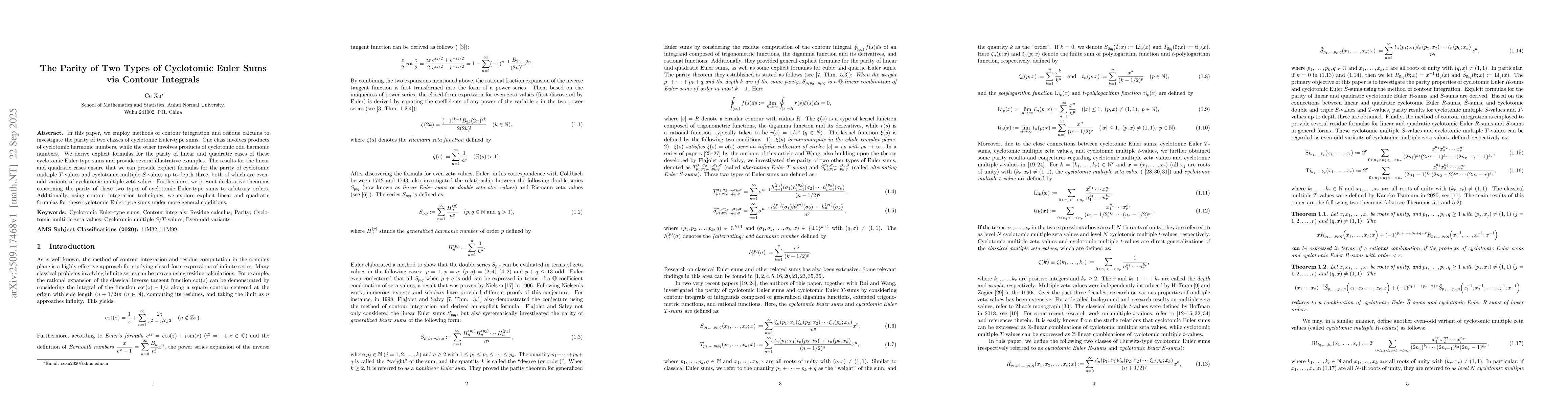 Thumbnail for The Parity of Two Types of Cyclotomic Euler Sums via Contour Integrals