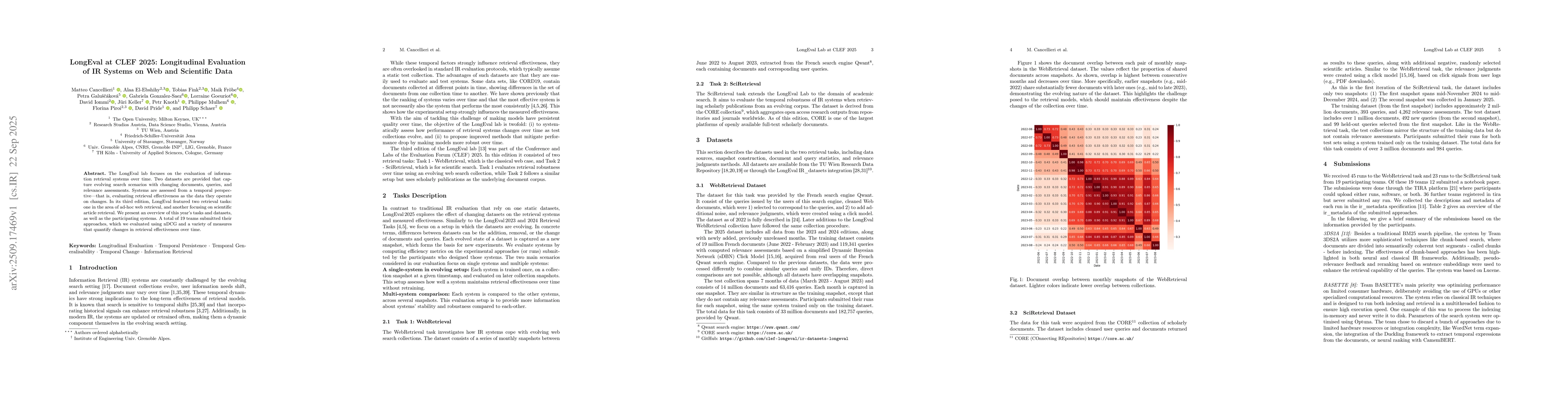 Thumbnail for LongEval at CLEF 2025: Longitudinal Evaluation of IR Systems on Web and
  Scientific Data