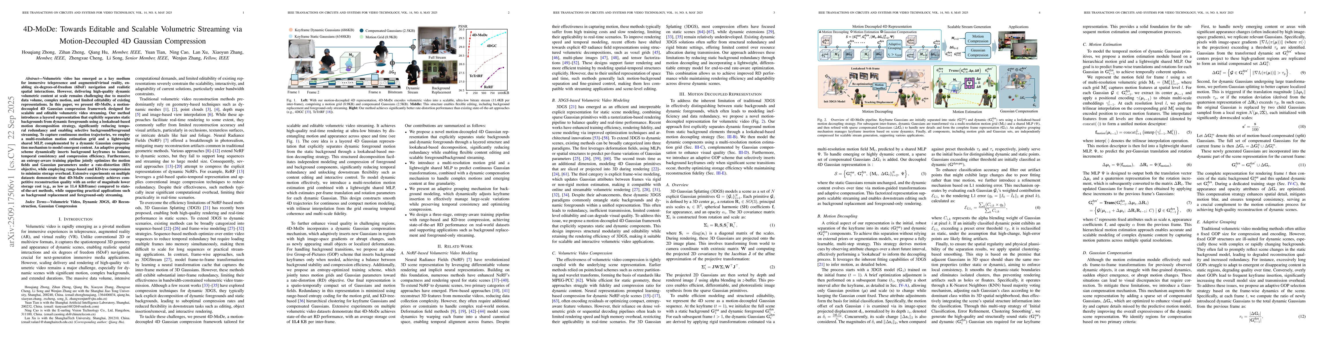 Thumbnail for 4D-MoDe: Towards Editable and Scalable Volumetric Streaming via
  Motion-Decoupled 4D Gaussian Compression