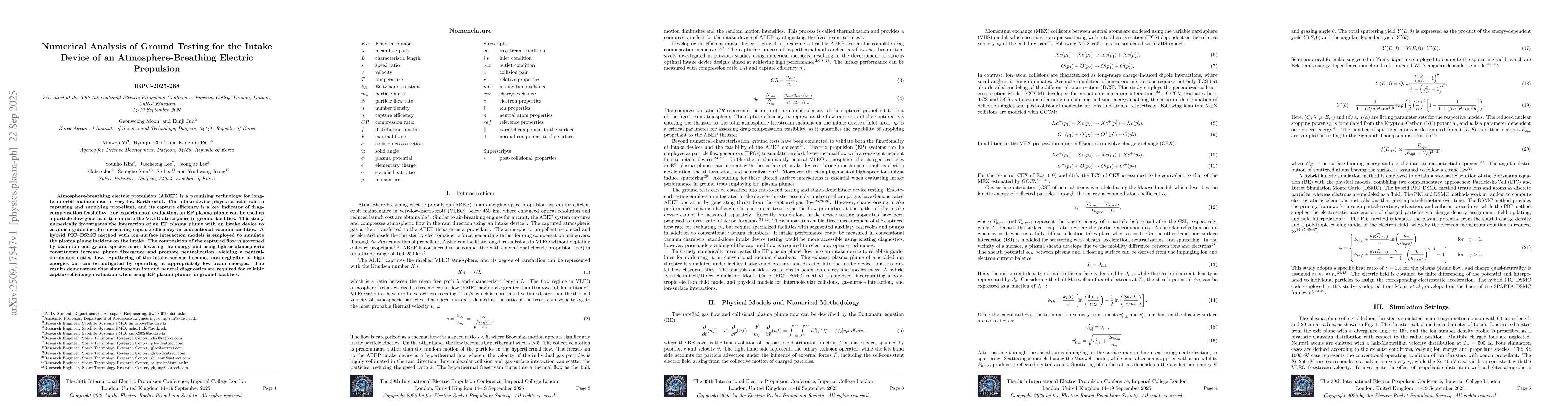 Thumbnail for Numerical Analysis of Ground Testing for the Intake Device of an
  Atmosphere-Breathing Electric Propulsion