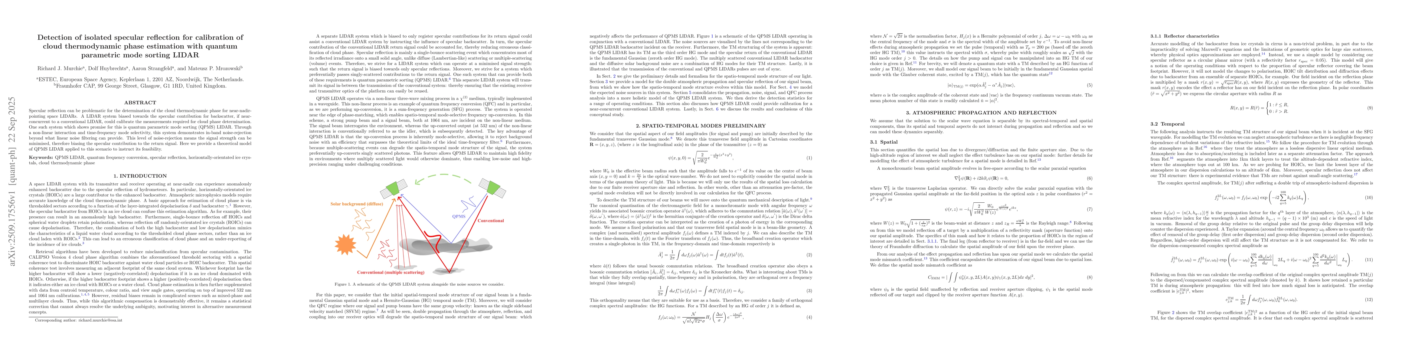 Thumbnail for Detection of isolated specular reflection for calibration of cloud
  thermodynamic phase estimation with quantum parametric mode sorting LIDAR