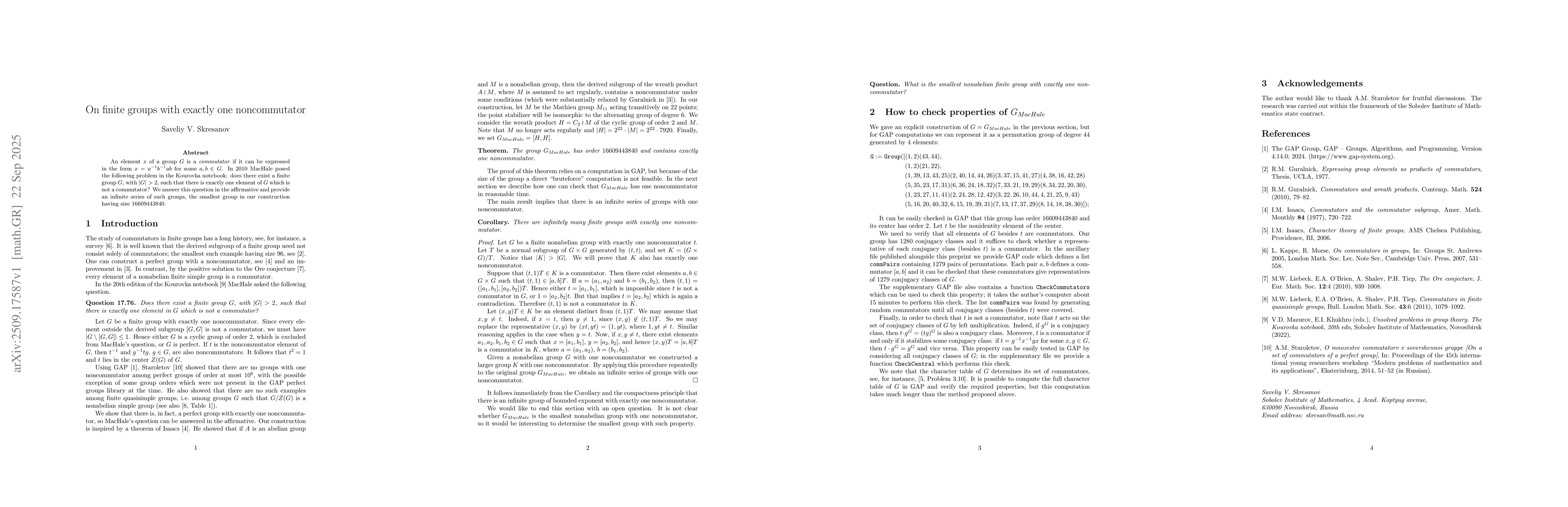 Thumbnail for On finite groups with exactly one noncommutator