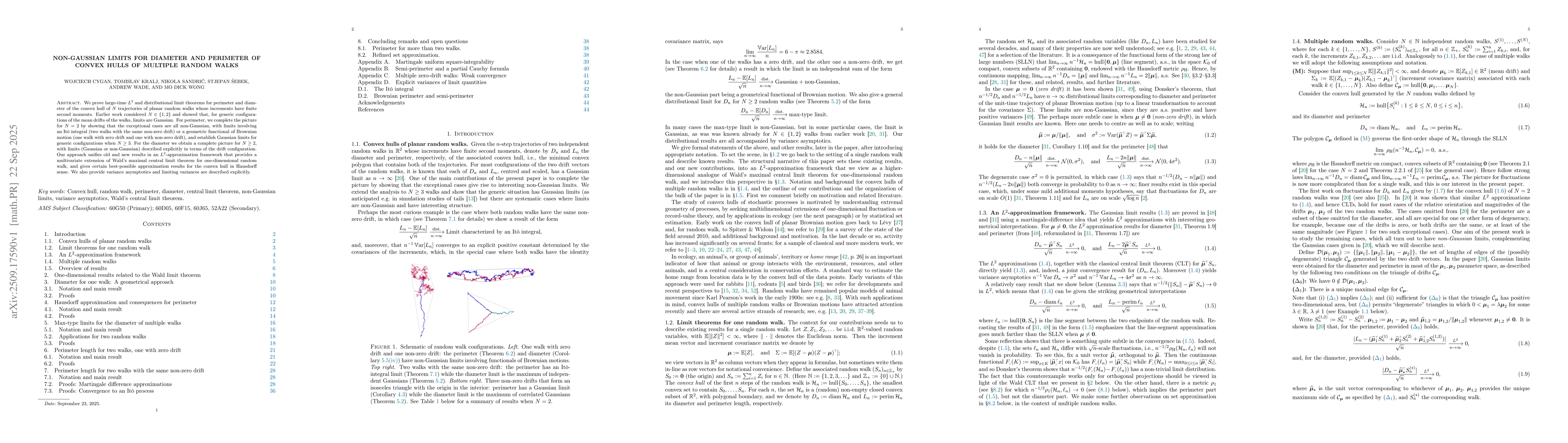 Thumbnail for Non-Gaussian limits for diameter and perimeter of convex hulls of
  multiple random walks
