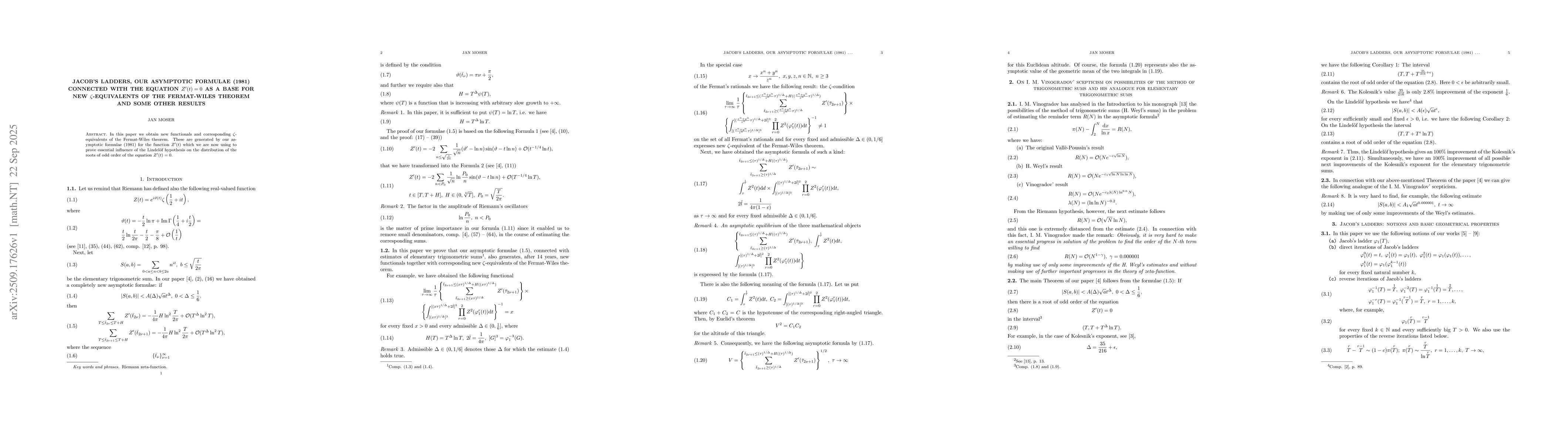 Thumbnail for Jacob's ladders, our asymptotic formulae (1981) connected with the
  equation $Z'(t)=0$ as a base for new $ζ$-equivalents of the Fermat-Wiles
  theorem and some other results