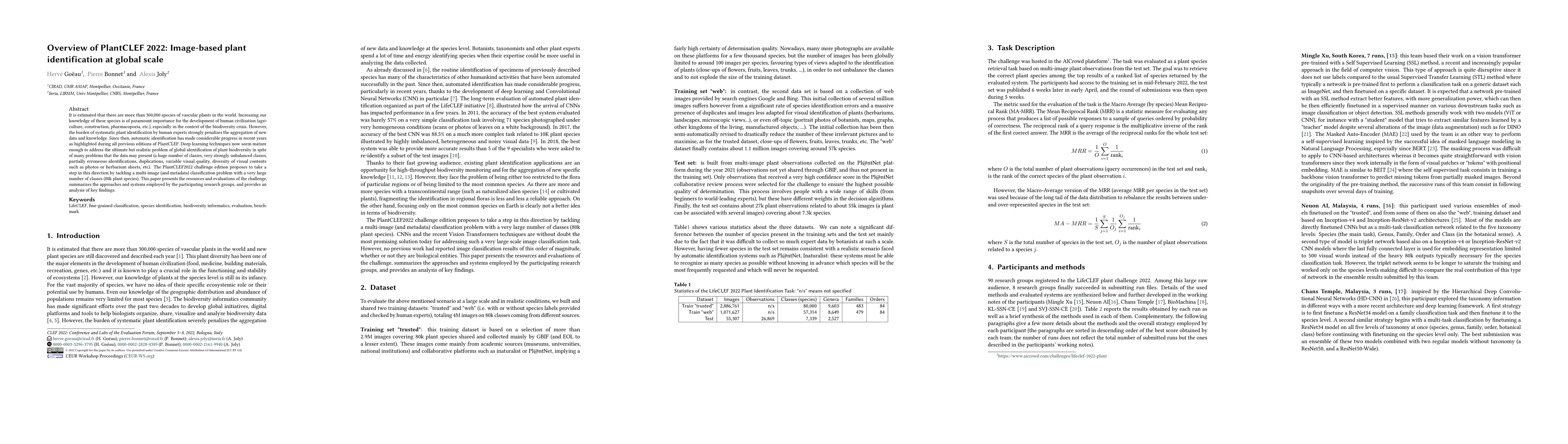 Thumbnail for Overview of PlantCLEF 2022: Image-based plant identification at global
  scale