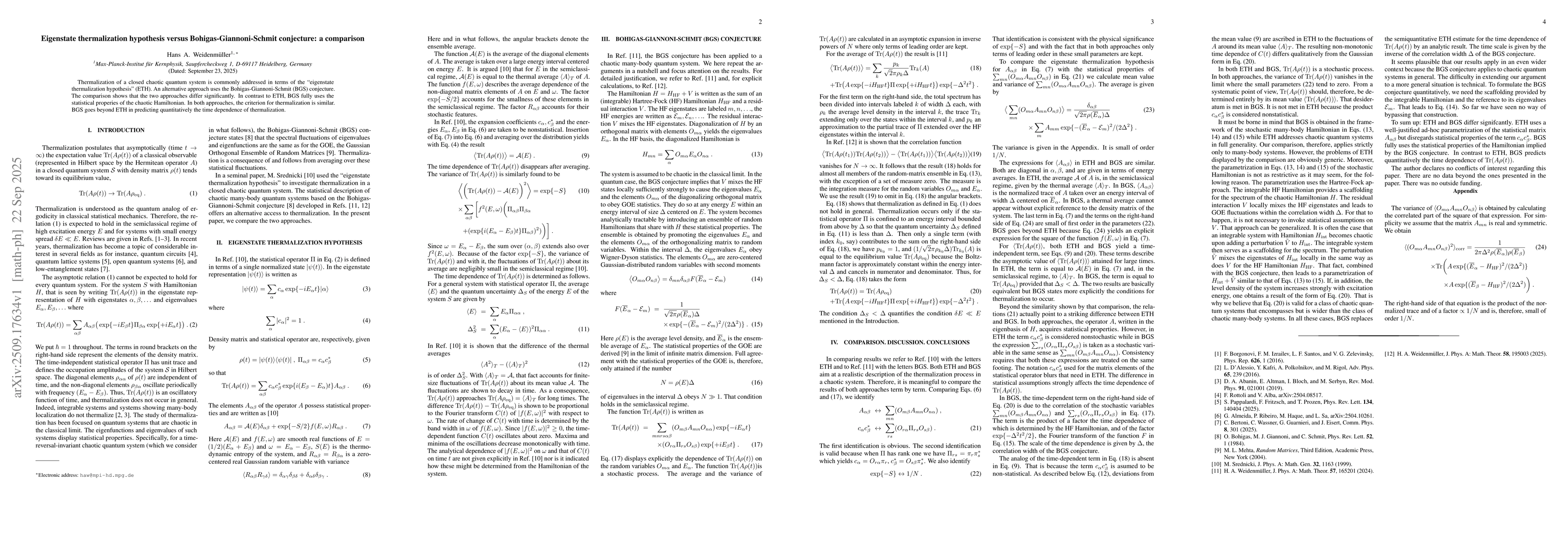 Thumbnail for Eigenstate thermalization hypothesis versus Bohigas-Giannoni-Schmit
  conjecture: a comparison